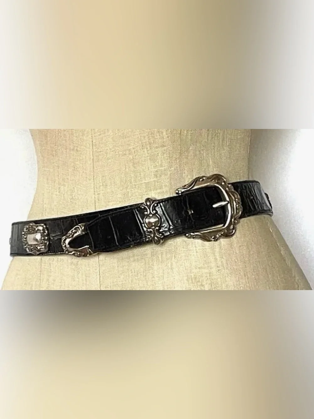 Brighton Black Croc-Embossed Leather Belt with Silver Decorative Buckle
